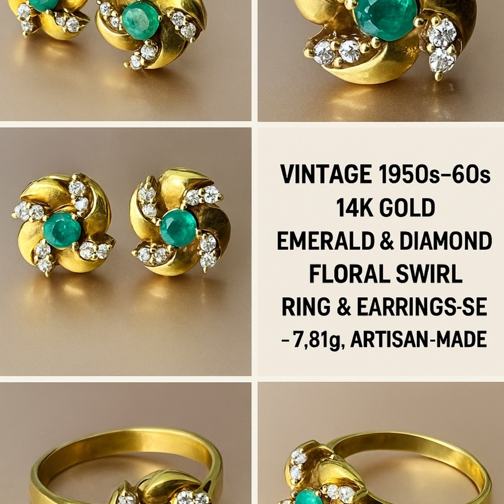 Artisan Made 14K Emerald & Diamond Floral Swirl Ring & Earrings Set, Vintage